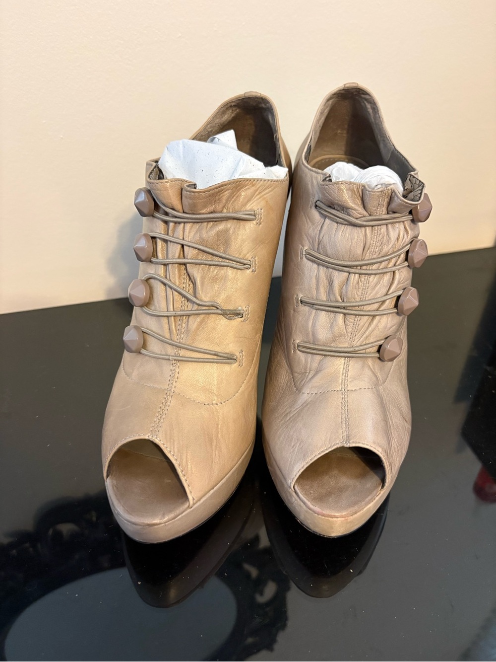 Vince Camuto Tan Peep-Toe Leather Mules with Button Lacing